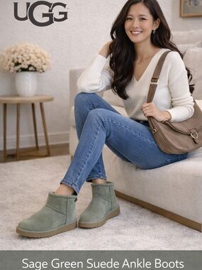 UGG Classic Mini II Sage Green Suede Shearling Ankle Booties